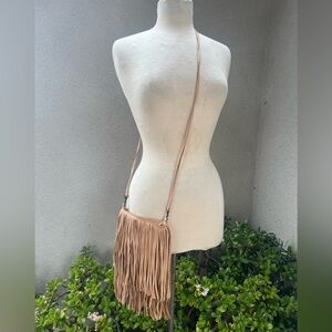 Boho fringe leather crossbody bag tan by Stacy & Laurie McFadin made in Texas
